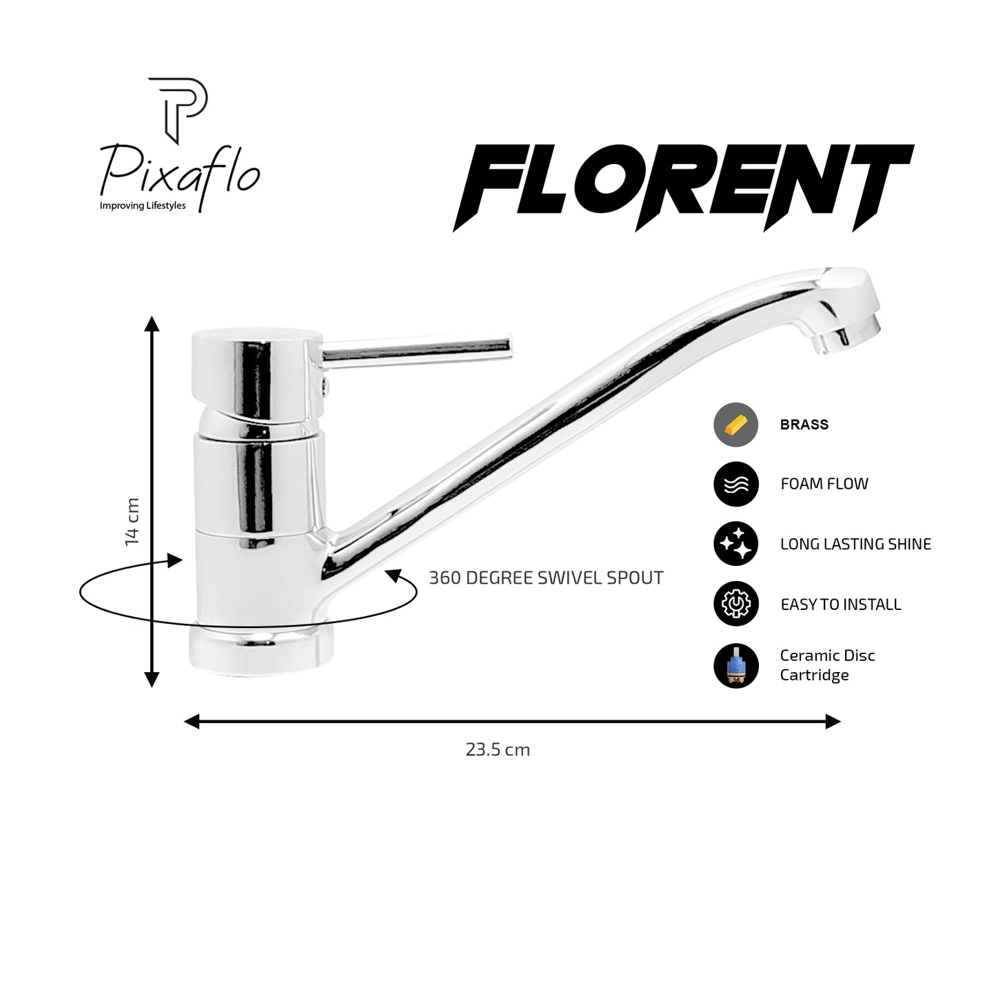 Pixaflo Florent Brass Single Lever Sink Mixer Table Mounted with Swivel Spout and 18 inches Long Braided Hoses | Chrome Finish