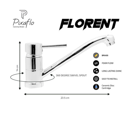 Pixaflo Florent Brass Single Lever Sink Mixer Table Mounted with Swivel Spout and 18 inches Long Braided Hoses | Chrome Finish