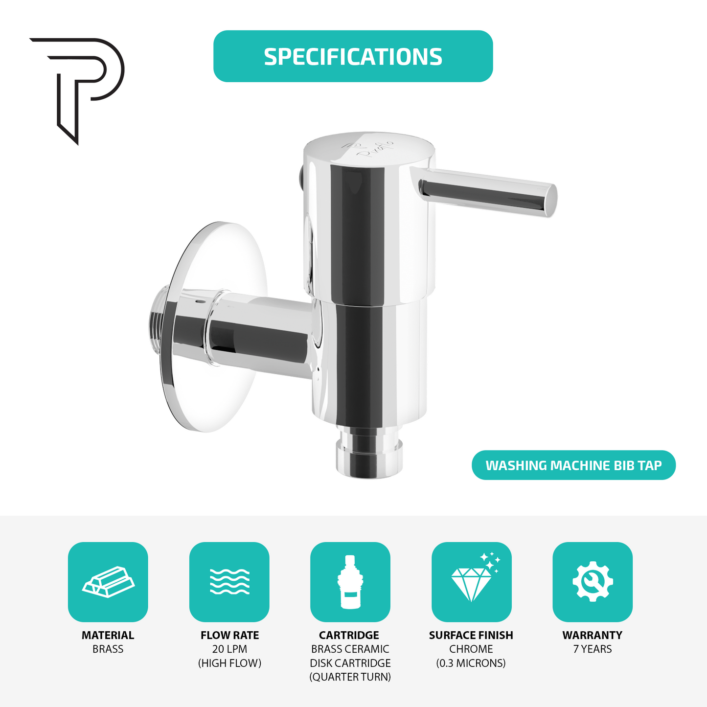 Pixaflo Florent Brass Washing Machine Tap with Wall Flange Combo | Chrome Finish | Pack of 2