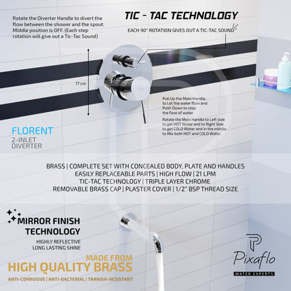 Pixaflo Brass Florent High Flow Single Lever 4 Way / 2 Inlet Diverter | Tic-Tac | Complete Set | Bathroom Shower System | Bathroom Mixer | Chrome Finish