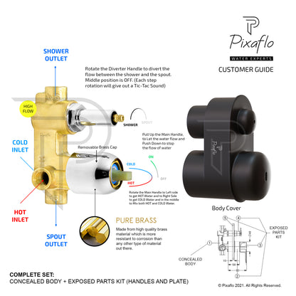 Pixaflo Brass Florent High Flow Single Lever 4 Way / 2 Inlet Diverter | Tic-Tac | Complete Set | Bathroom Shower System | Bathroom Mixer | Chrome Finish