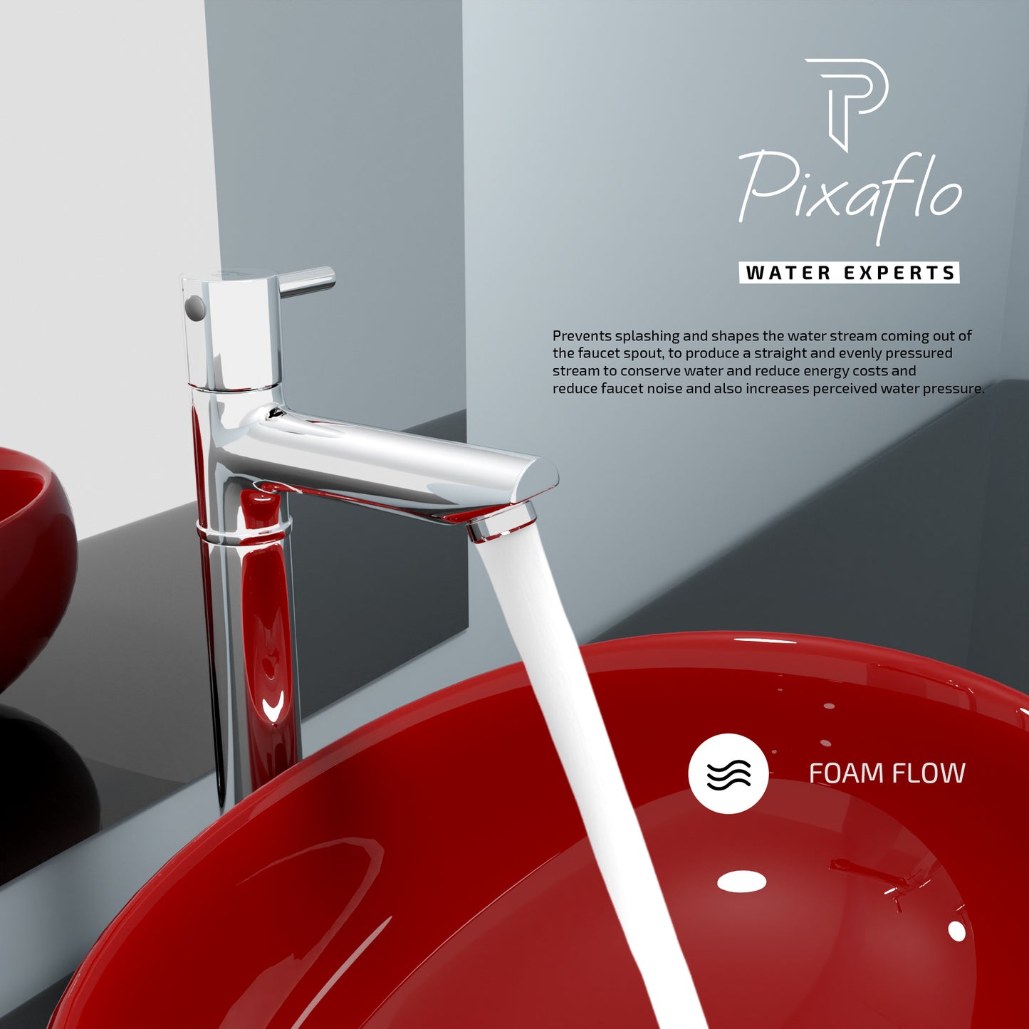 Pixaflo Florent Brass Extended Tall Body Pillar Cock 12 inch Tap for Wash Basin | Deck Mounted | Cold Water Tap (Not Hot & Cold Mixer) | Counter Top/Table Top Faucet | Foam Flow | Chrome Finish
