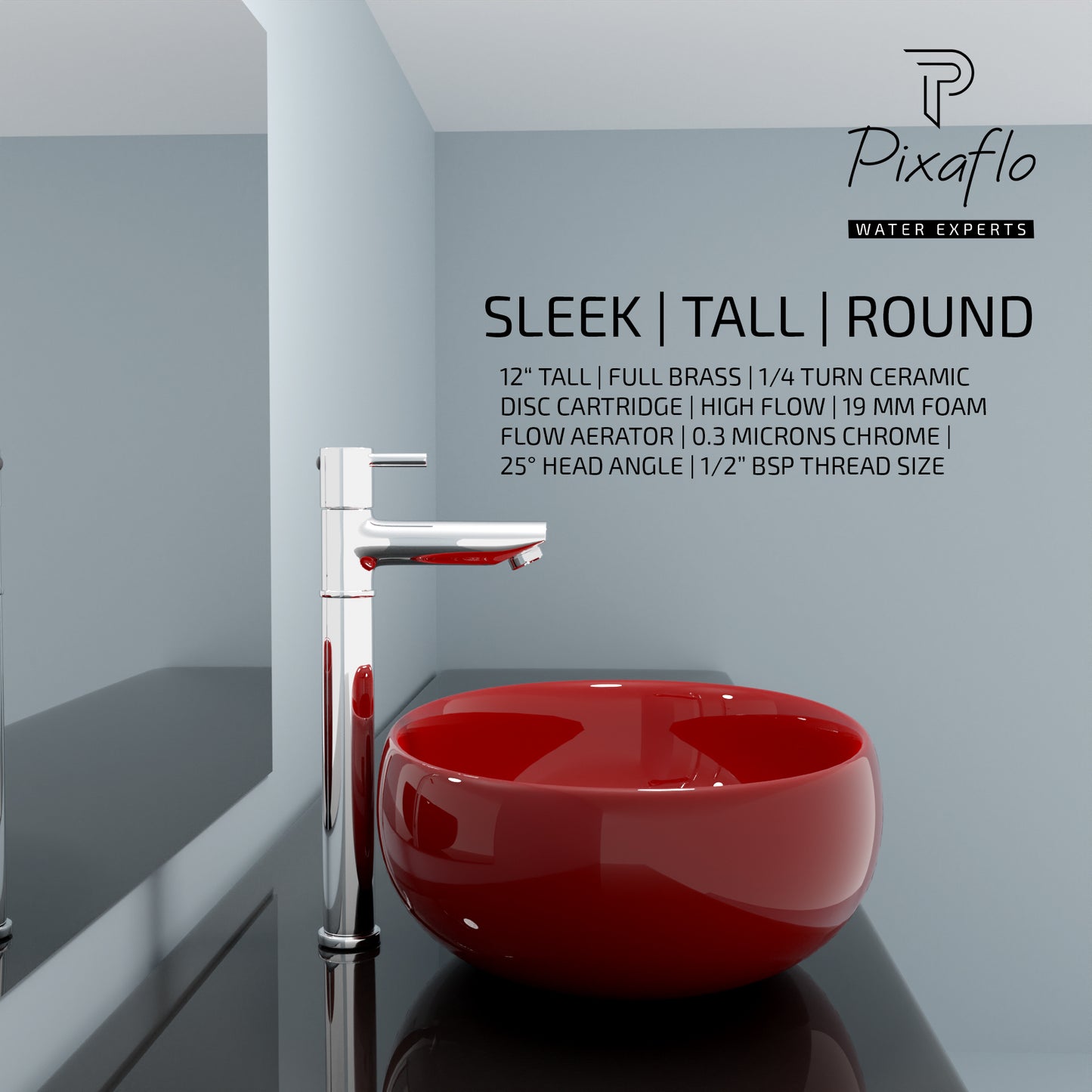Pixaflo Florent Brass Extended Tall Body Pillar Cock 12 inch Tap for Wash Basin | Deck Mounted | Cold Water Tap (Not Hot & Cold Mixer) | Counter Top/Table Top Faucet | Foam Flow | Chrome Finish