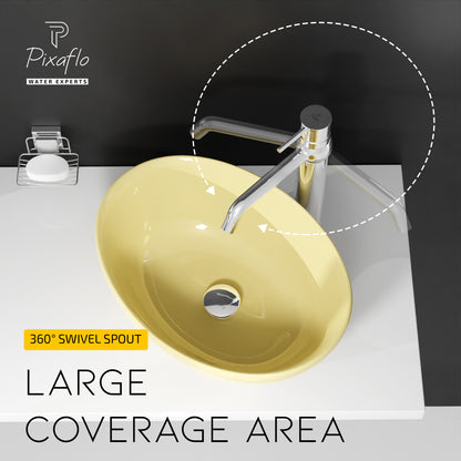 Pixaflo Florent-R Brass Extended Tall Body Hot & Cold Single Lever Basin Mixer 12 inch Tap with 360-Degree Swivel Spout and 24 inches Long Braided Hoses | Chrome
