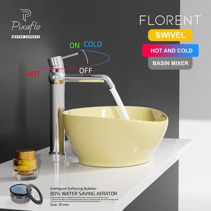Pixaflo Florent-R Brass Extended Tall Body Hot & Cold Single Lever Basin Mixer 12 inch Tap with 360-Degree Swivel Spout and 24 inches Long Braided Hoses | Chrome