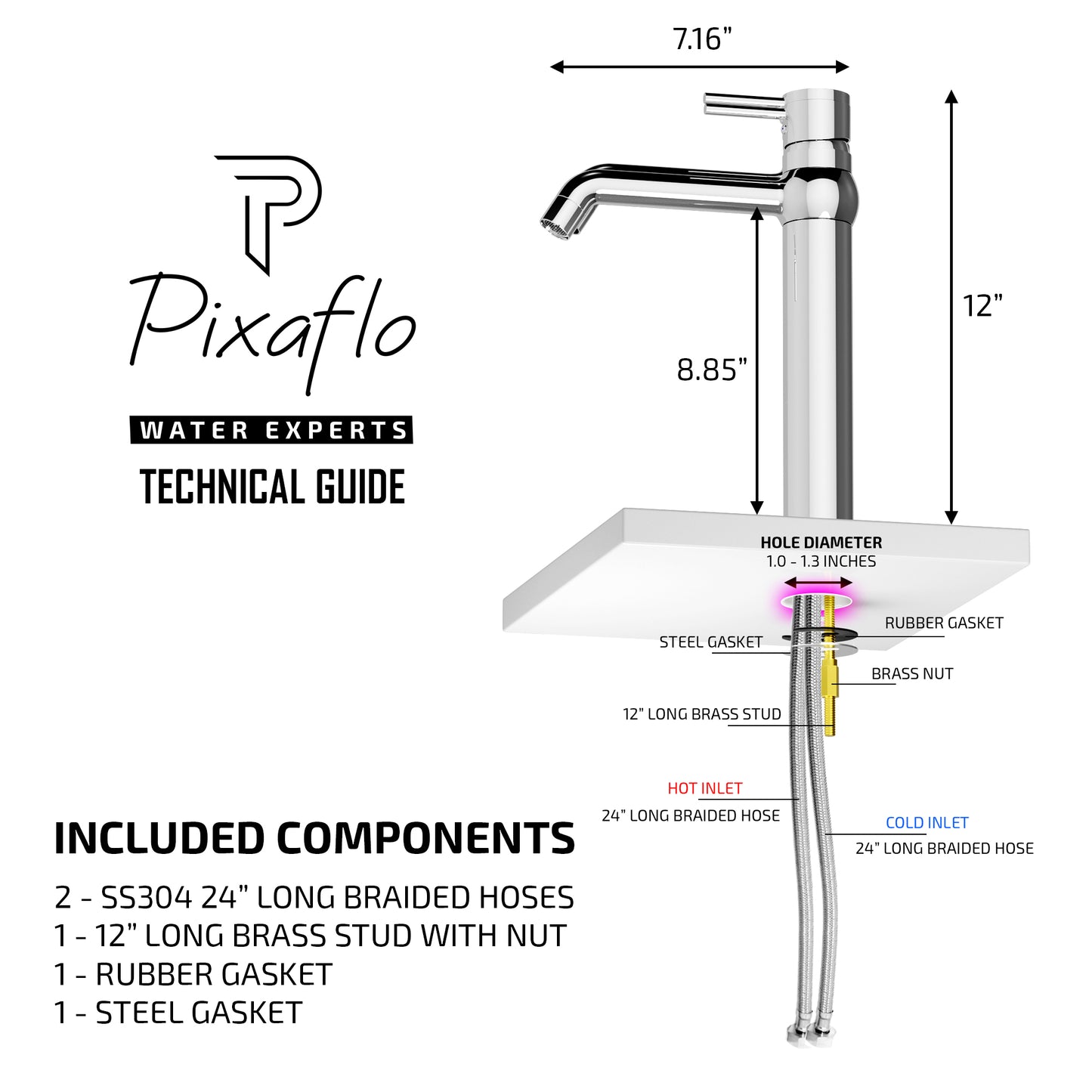 Pixaflo Florent-R Brass Extended Tall Body Hot & Cold Single Lever Basin Mixer 12 inch Tap with 360-Degree Swivel Spout and 24 inches Long Braided Hoses | Chrome