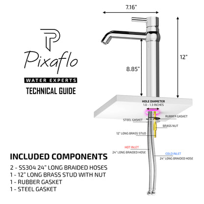 Pixaflo Florent-R Brass Extended Tall Body Hot & Cold Single Lever Basin Mixer 12 inch Tap with 360-Degree Swivel Spout and 24 inches Long Braided Hoses | Chrome