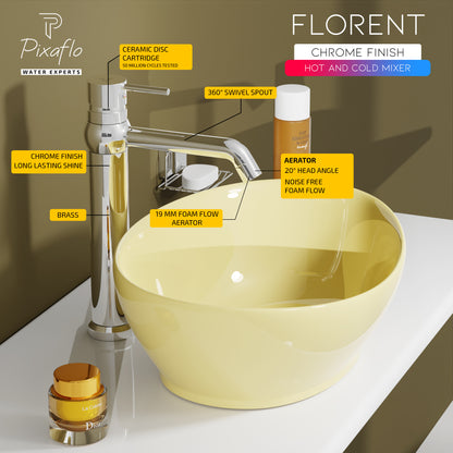 Pixaflo Florent-R Brass Extended Tall Body Hot & Cold Single Lever Basin Mixer 12 inch Tap with 360-Degree Swivel Spout and 24 inches Long Braided Hoses | Chrome