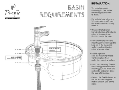 Pixaflo Florent Brass Single Lever Basin Mixer Tap with 18 inches Braided Hoses | Hot & Cold Deck Mounted Faucet | Matte Black Finish