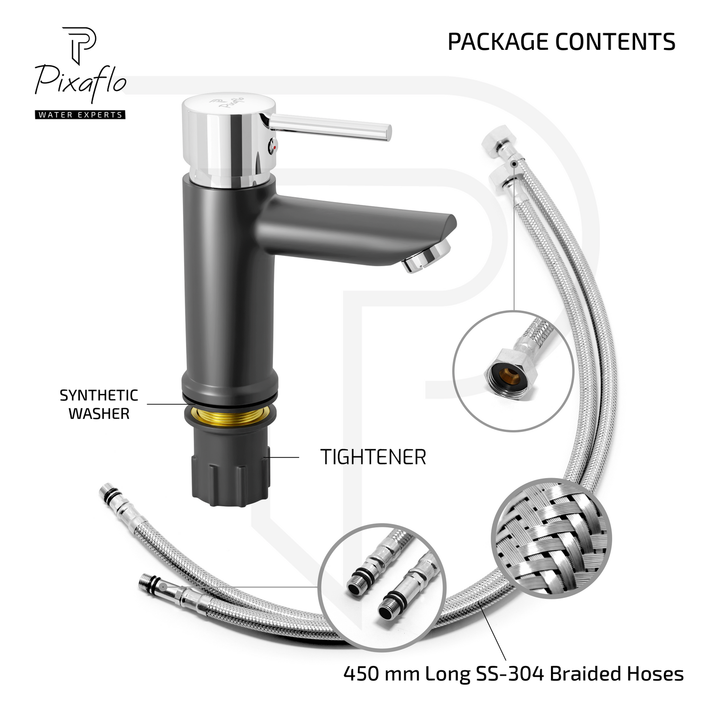 Pixaflo Florent Brass Single Lever Basin Mixer Tap with 18 inches Braided Hoses | Hot & Cold Deck Mounted Faucet | Matte Black Finish
