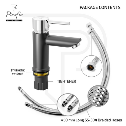 Pixaflo Florent Brass Single Lever Basin Mixer Tap with 18 inches Braided Hoses | Hot & Cold Deck Mounted Faucet | Matte Black Finish