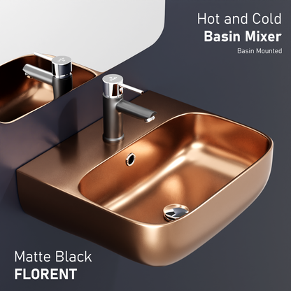 Pixaflo Florent Brass Single Lever Basin Mixer Tap with 18 inches Braided Hoses | Hot & Cold Deck Mounted Faucet | Matte Black Finish