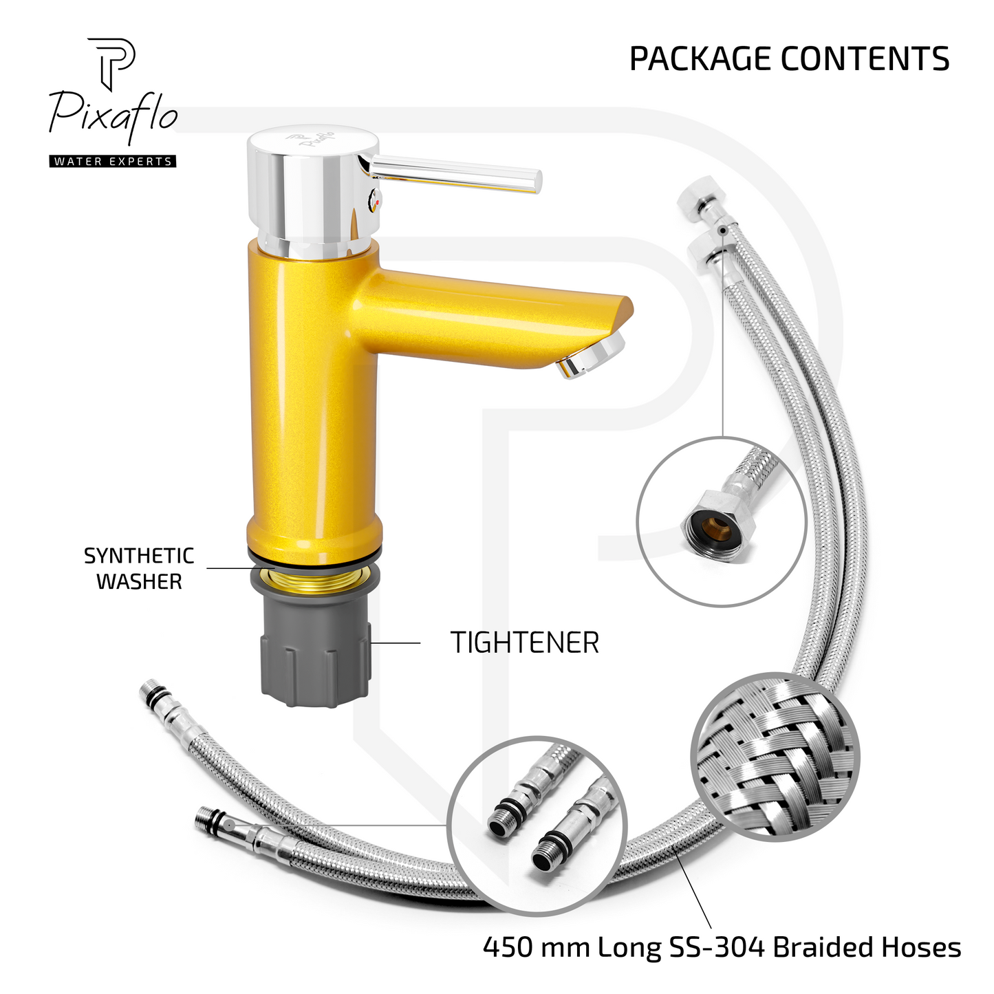 Pixaflo Florent Brass Single Lever Basin Mixer Tap with 18 inches Braided Hoses | Hot & Cold Deck Mounted Faucet | Gold Finish
