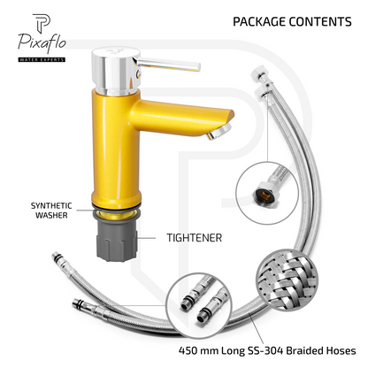 Pixaflo Florent Brass Single Lever Basin Mixer Tap with 18 inches Braided Hoses | Hot & Cold Deck Mounted Faucet | Gold Finish