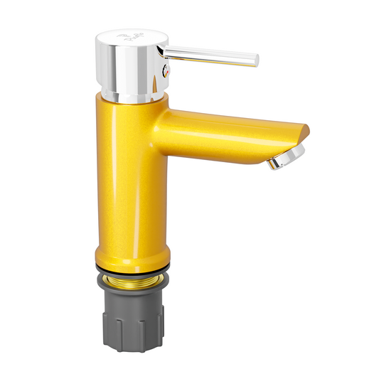 Pixaflo Florent Brass Single Lever Basin Mixer Tap with 18 inches Braided Hoses | Hot & Cold Deck Mounted Faucet | Gold Finish