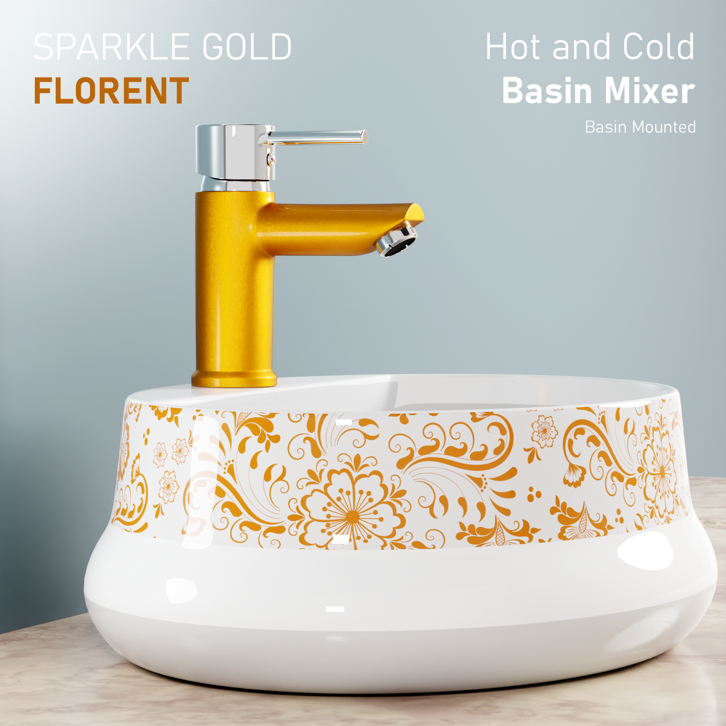 Pixaflo Florent Brass Single Lever Basin Mixer Tap with 18 inches Braided Hoses | Hot & Cold Deck Mounted Faucet | Gold Finish
