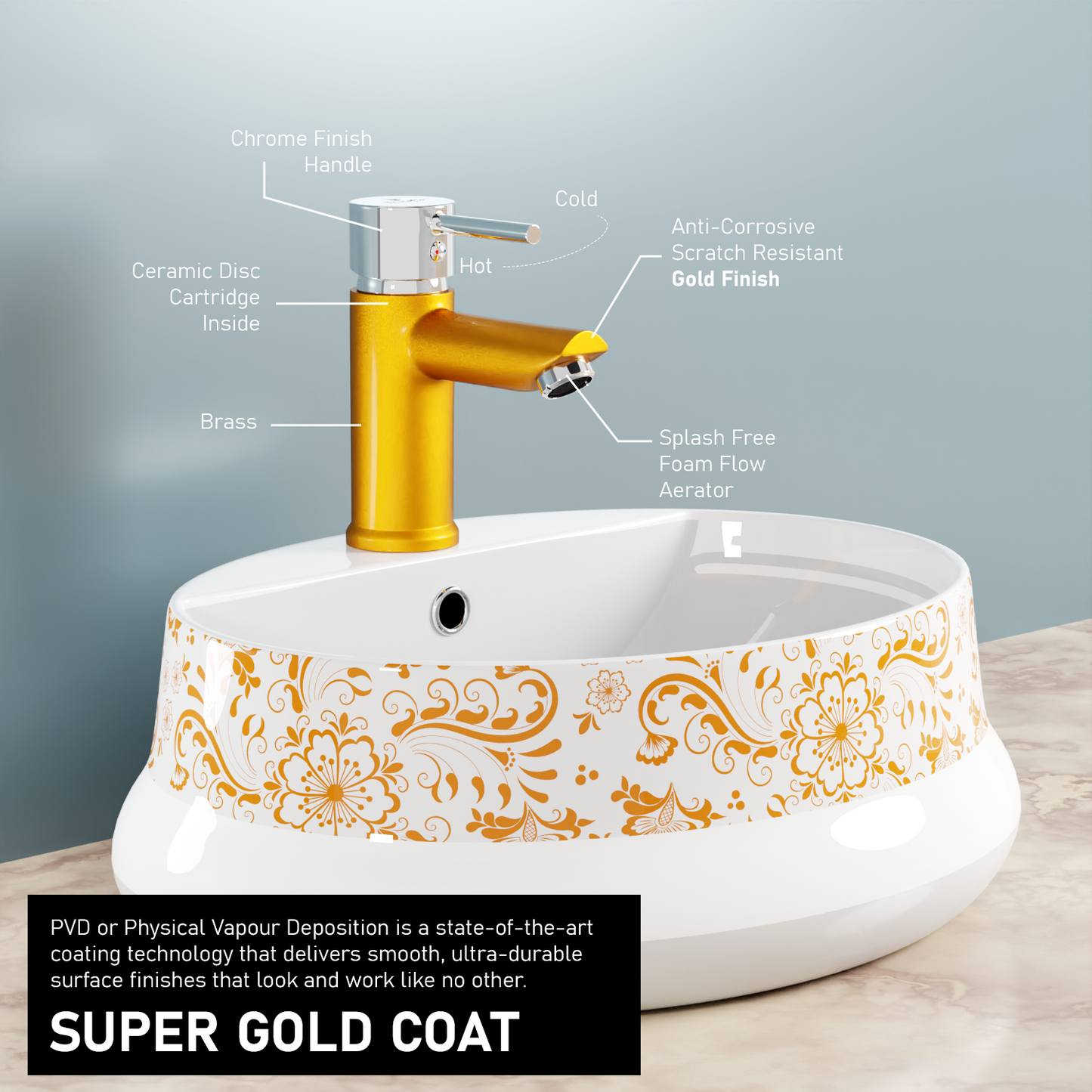 Pixaflo Florent Brass Single Lever Basin Mixer Tap with 18 inches Braided Hoses | Hot & Cold Deck Mounted Faucet | Gold Finish