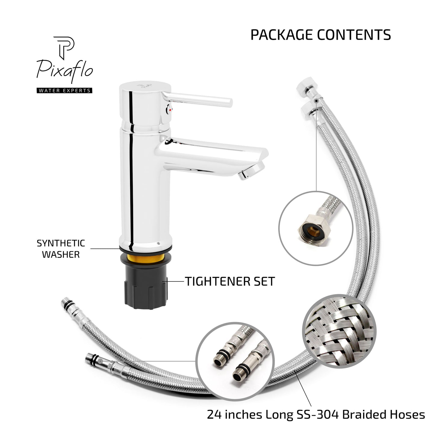 Pixaflo Florent Brass Single Lever Basin Mixer Tap with 24 inches Braided Hoses | Hot & Cold Deck Mounted Faucet | Chrome Finish