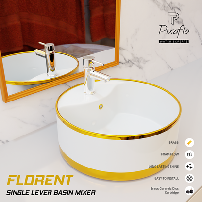 Pixaflo Florent Brass Single Lever Basin Mixer Tap with 24 inches Braided Hoses | Hot & Cold Deck Mounted Faucet | Chrome Finish