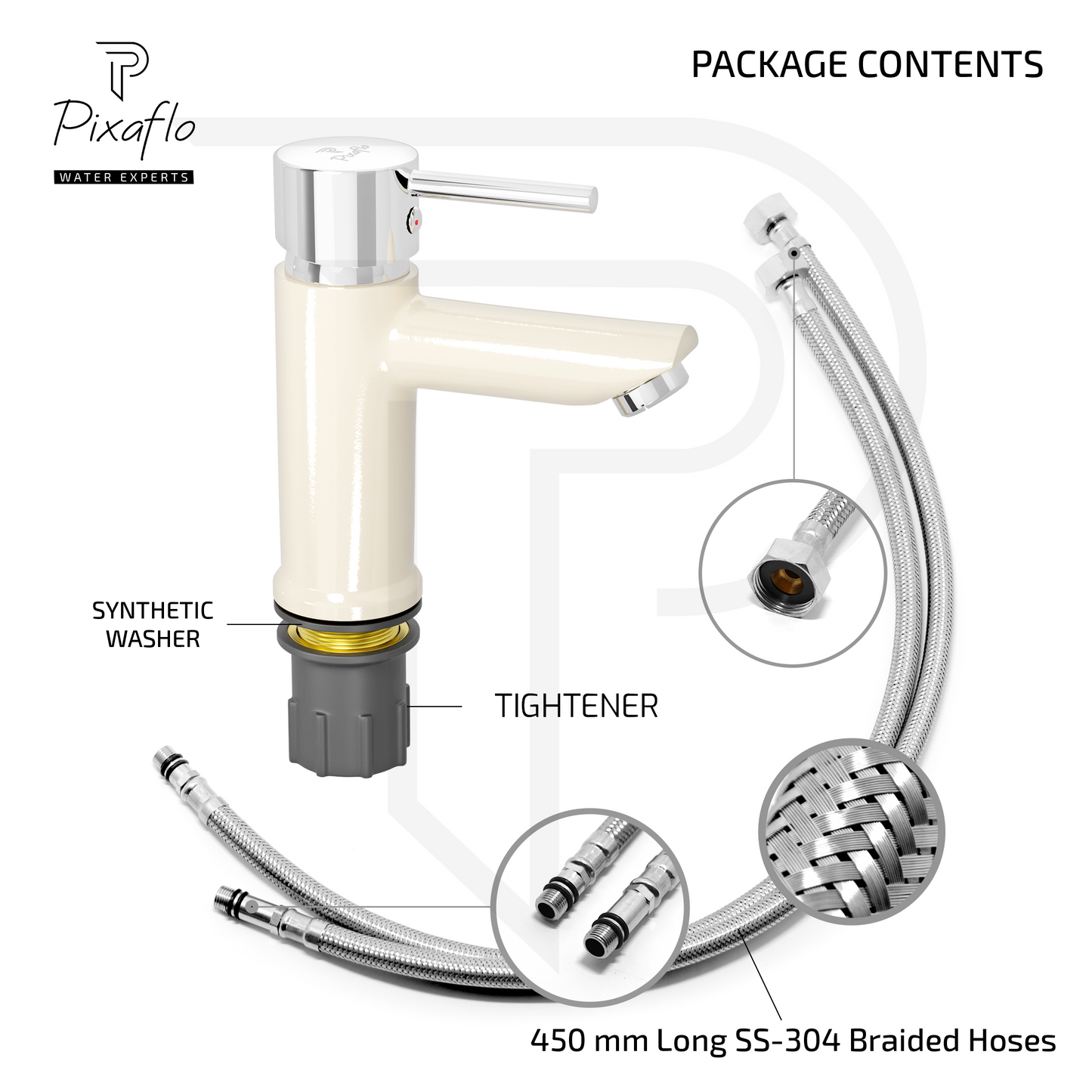 Pixaflo Florent Brass Single Lever Basin Mixer Tap with 18 inches Braided Hoses | Hot & Cold Deck Mounted Faucet | Ivory Finish