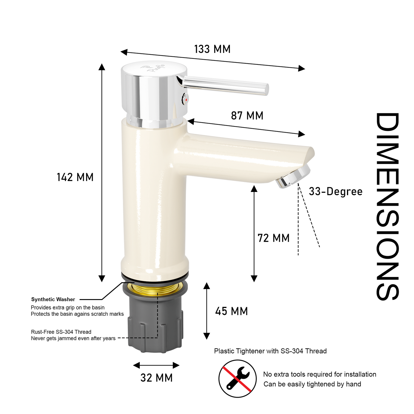 Pixaflo Florent Brass Single Lever Basin Mixer Tap with 18 inches Braided Hoses | Hot & Cold Deck Mounted Faucet | Ivory Finish