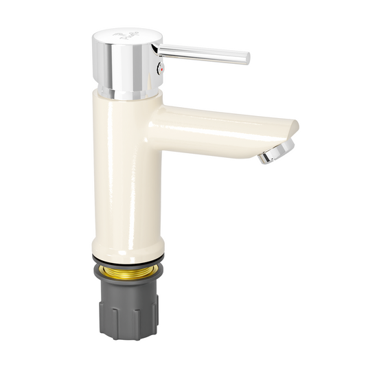 Pixaflo Florent Brass Single Lever Basin Mixer Tap with 18 inches Braided Hoses | Hot & Cold Deck Mounted Faucet | Ivory Finish