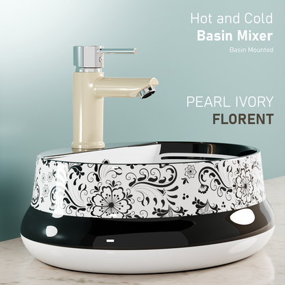 Pixaflo Florent Brass Single Lever Basin Mixer Tap with 18 inches Braided Hoses | Hot & Cold Deck Mounted Faucet | Ivory Finish