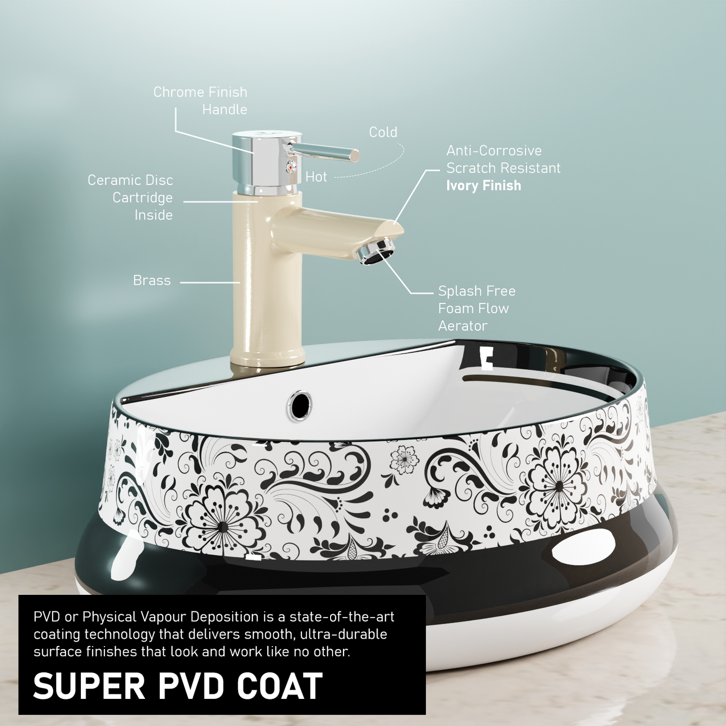 Pixaflo Florent Brass Single Lever Basin Mixer Tap with 18 inches Braided Hoses | Hot & Cold Deck Mounted Faucet | Ivory Finish