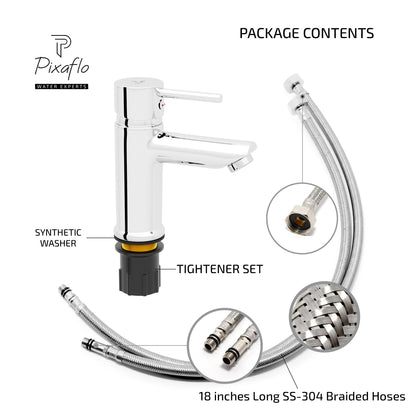 Pixaflo Florent Brass Single Lever Basin Mixer Tap with 18 inches Braided Hoses | Hot & Cold Deck Mounted Faucet | Chrome Finish