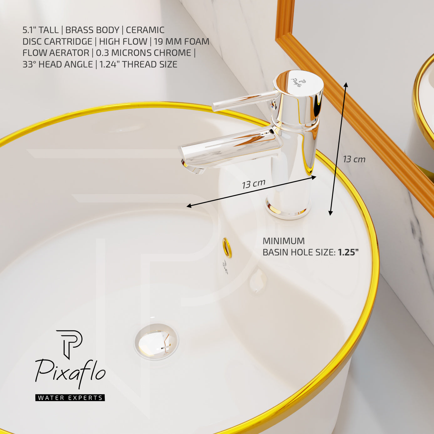 Pixaflo Florent Brass Single Lever Basin Mixer Tap with 18 inches Braided Hoses | Hot & Cold Deck Mounted Faucet | Chrome Finish