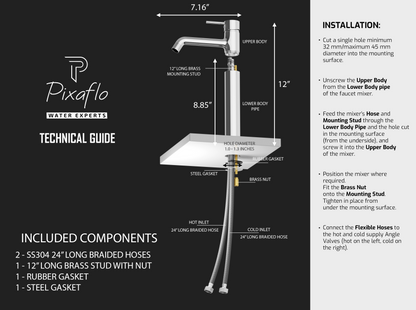 Pixaflo Florent-FX Brass Extended Hot & Cold Single Lever Basin Mixer Tall Boy with 24 inches Braided Hoses | 12 inches Tall | Chrome