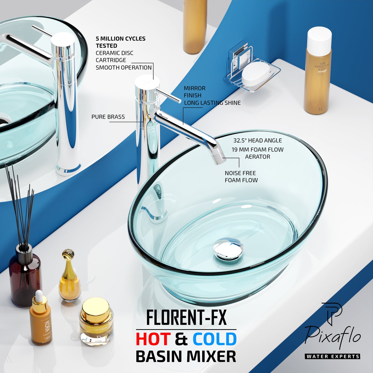 Pixaflo Florent-FX Brass Extended Hot & Cold Single Lever Basin Mixer Tall Boy with 24 inches Braided Hoses | 12 inches Tall | Chrome