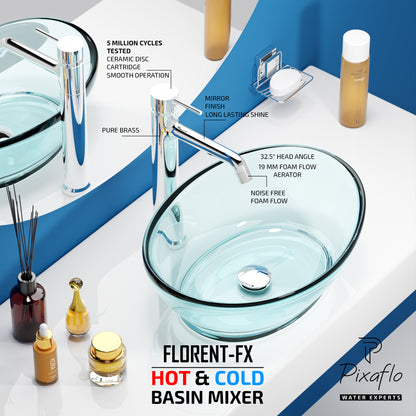 Pixaflo Florent-FX Brass Extended Hot & Cold Single Lever Basin Mixer Tall Boy with 24 inches Braided Hoses | 12 inches Tall | Chrome