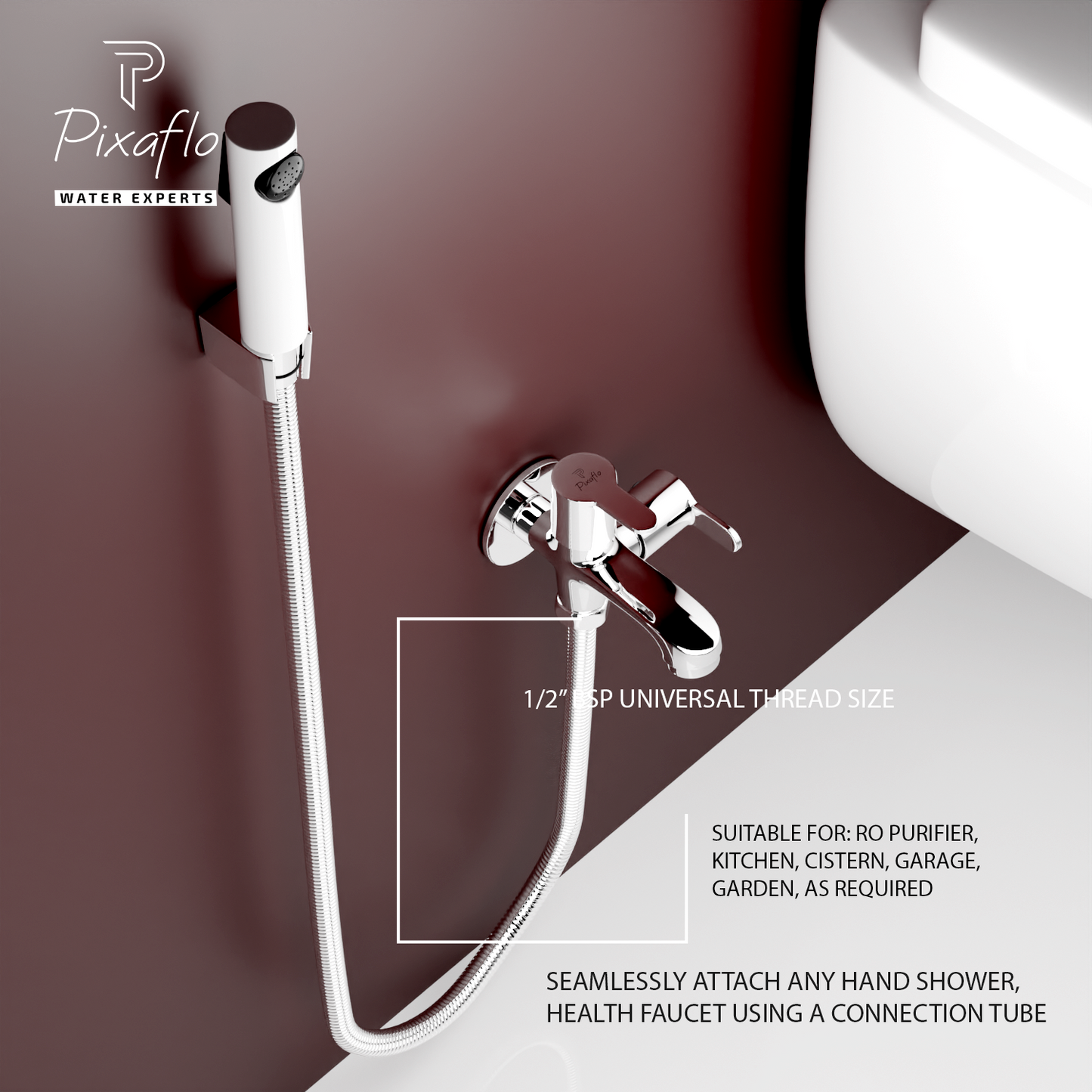 Pixaflo FIssion Brass 2 Way Bib Cock Tap | 2 in 1 Wall Mounted Faucet with Wall Flange | Chrome Finish