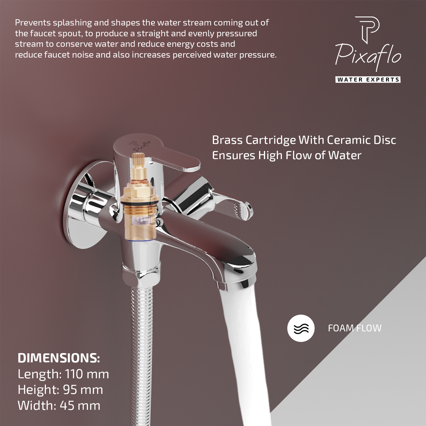 Pixaflo FIssion Brass 2 Way Bib Cock Tap | 2 in 1 Wall Mounted Faucet with Wall Flange | Chrome Finish