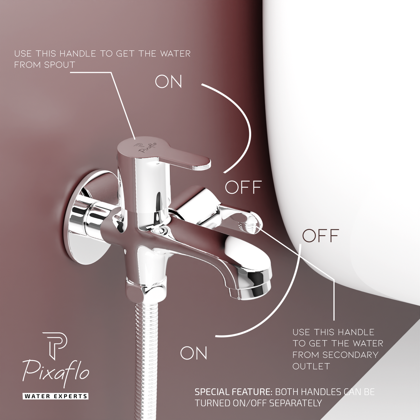 Pixaflo FIssion Brass 2 Way Bib Cock Tap | 2 in 1 Wall Mounted Faucet with Wall Flange | Chrome Finish
