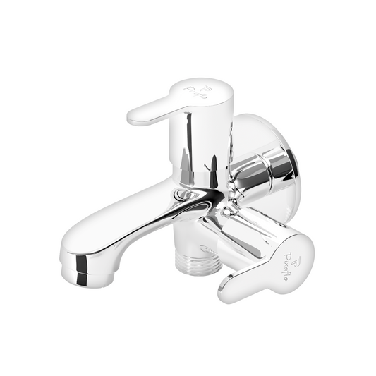 Pixaflo FIssion Brass 2 Way Bib Cock Tap | 2 in 1 Wall Mounted Faucet with Wall Flange | Chrome Finish