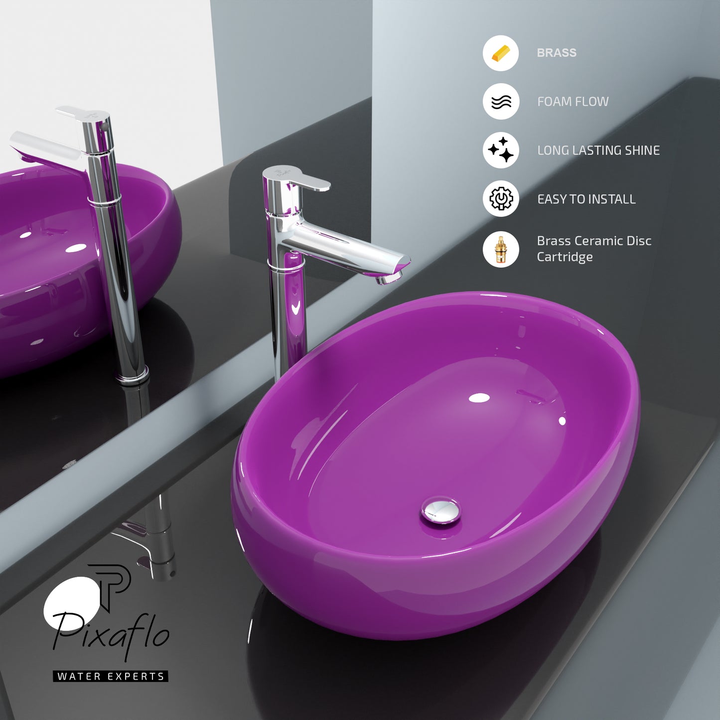 Pixaflo Fission Brass Extended Tall Body Pillar Cock 12 inch Tap for Wash Basin | Deck Mounted | Cold Water Tap (Not Hot & Cold Mixer) | Counter Top/Table Top Faucet | Foam Flow | Chrome Finish