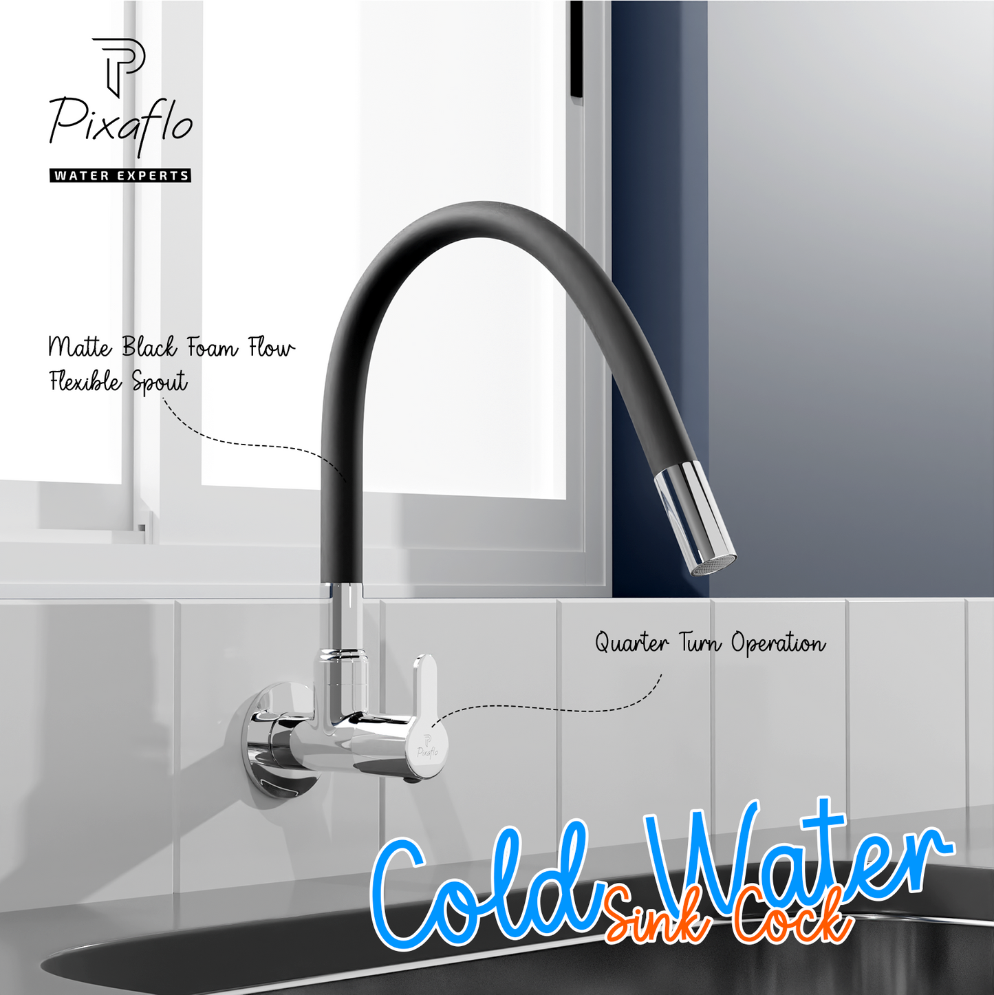 Pixaflo Fission Brass Sink Cock Tap with Wall Flange | with Black Foam Flow 360-degree Swivel Flexible Silicone Swivel Spout for Kitchen Sink | Wall Mounted