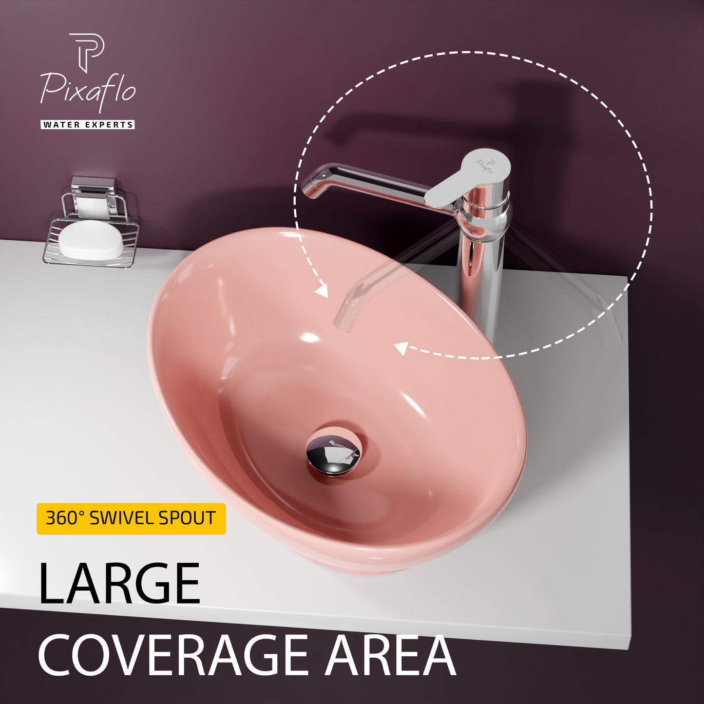 Pixaflo Fission-R Brass Extended Tall Body Hot & Cold Single Lever Basin Mixer 12 inch Tap with 360-Degree Swivel Spout and 24 inches Long Braided Hoses | Chrome