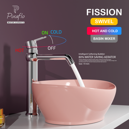 Pixaflo Fission-R Brass Extended Tall Body Hot & Cold Single Lever Basin Mixer 12 inch Tap with 360-Degree Swivel Spout and 24 inches Long Braided Hoses | Chrome