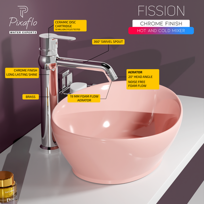Pixaflo Fission-R Brass Extended Tall Body Hot & Cold Single Lever Basin Mixer 12 inch Tap with 360-Degree Swivel Spout and 24 inches Long Braided Hoses | Chrome