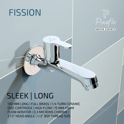 Pixaflo Fission Brass Long Body Bib Cock Tap with Wall Flange | Chrome