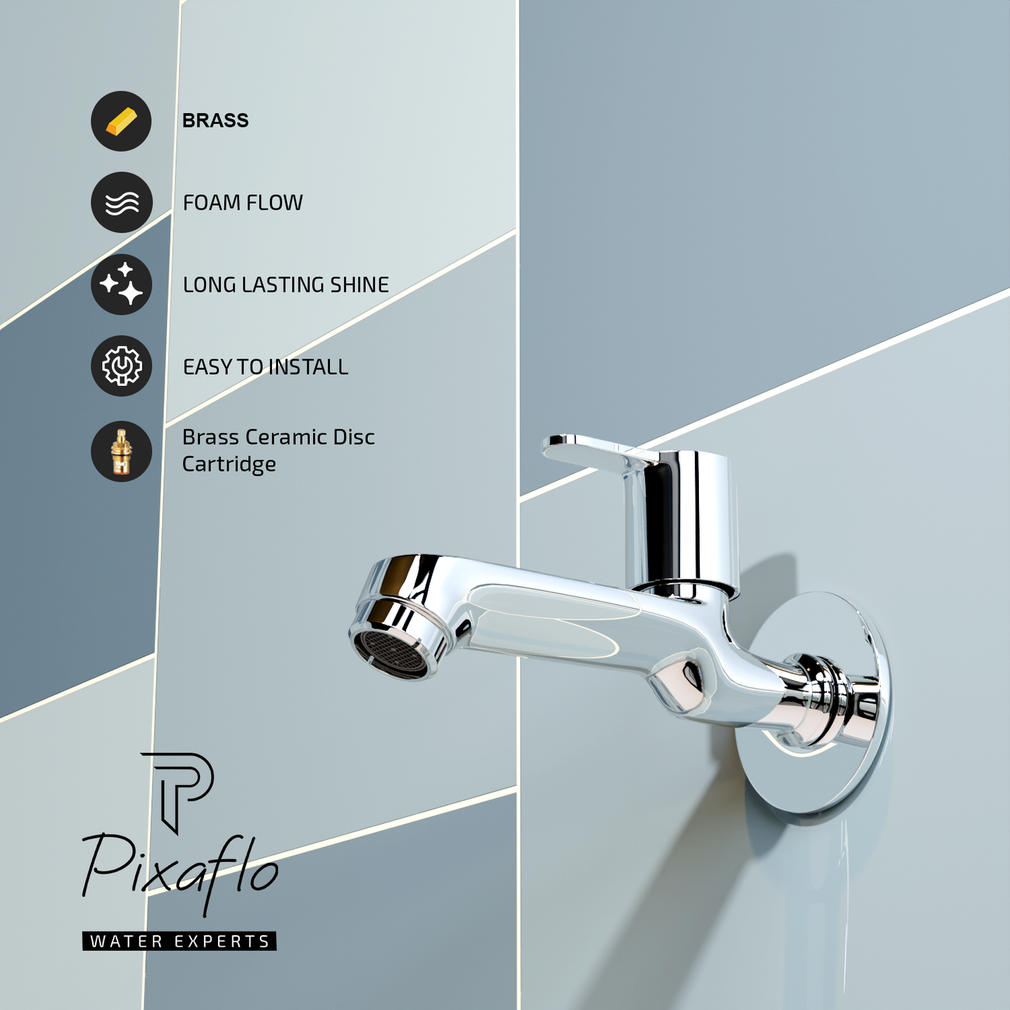 Pixaflo Fission Brass Long Body Bib Cock Tap with Wall Flange | Chrome