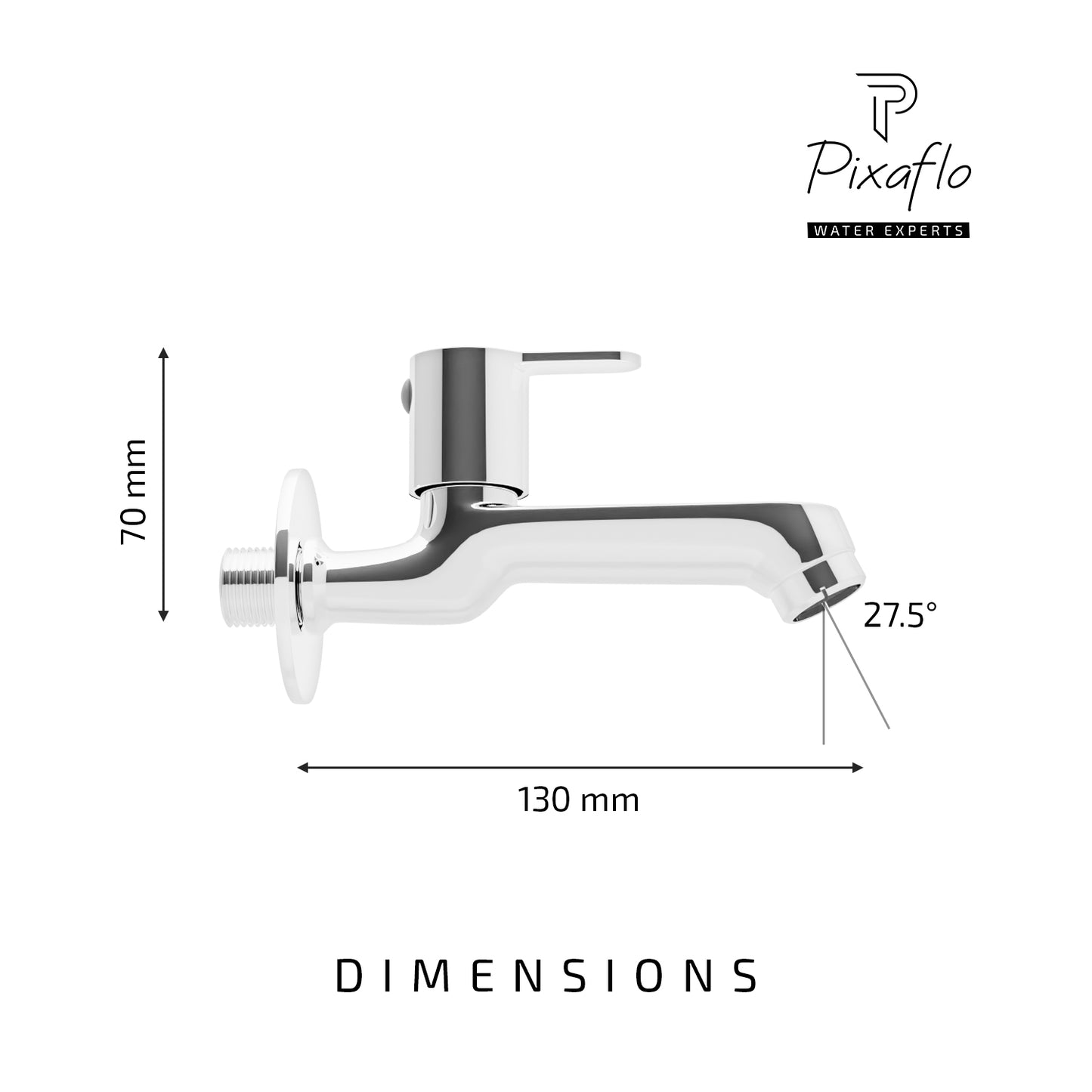 Pixaflo Fission Brass Long Body Bib Cock Tap with Wall Flange | Chrome