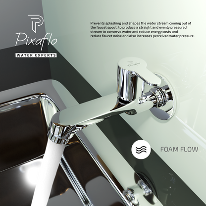 Pixaflo Fission Brass Long Body Bib Cock Tap with Wall Flange | Chrome