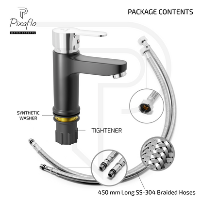 Pixaflo Fission Brass Single Lever Basin Mixer Tap with 18 inches Braided Hoses | Hot & Cold Deck Mounted Faucet | Black Finish