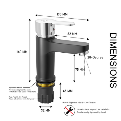 Pixaflo Fission Brass Single Lever Basin Mixer Tap with 18 inches Braided Hoses | Hot & Cold Deck Mounted Faucet | Black Finish