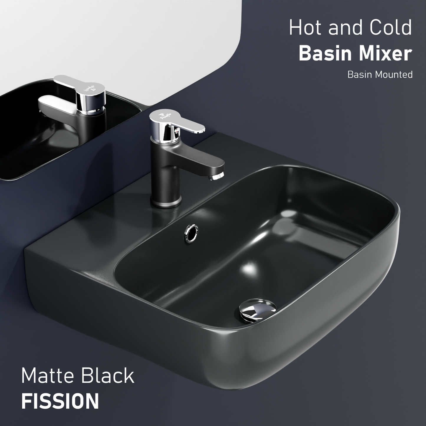 Pixaflo Fission Brass Single Lever Basin Mixer Tap with 18 inches Braided Hoses | Hot & Cold Deck Mounted Faucet | Black Finish