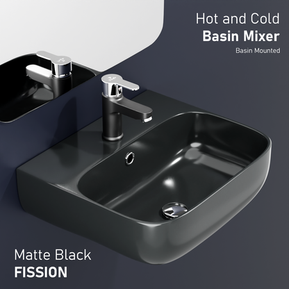 Pixaflo Fission Brass Single Lever Basin Mixer Tap with 18 inches Braided Hoses | Hot & Cold Deck Mounted Faucet | Black Finish